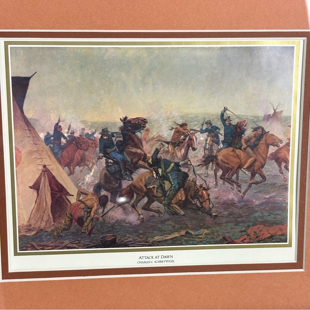 Vintage "Attack at Dawn" by Charles C. Schreyvogel Framed Artwork 8.5 x 10.5 - Picture 3 of 7